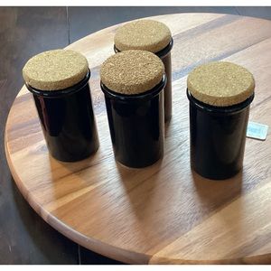 Pier 1 Italy set (4) ceramic spice jars with cork stoppers.